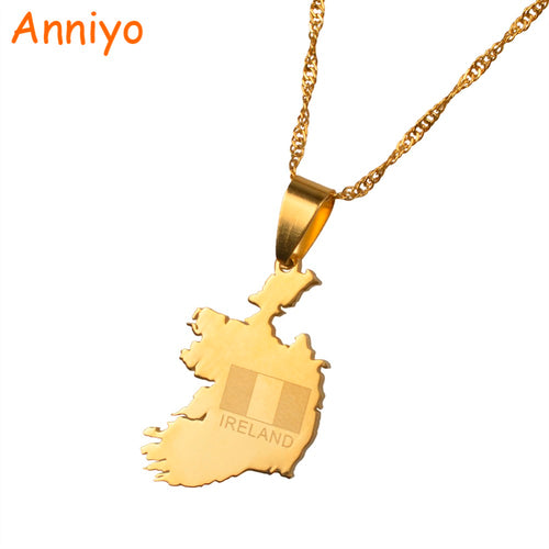 Anniyo The Republic of Ireland Map Gold Color Pendant and Thin Chain Necklaces Poblacht na Heireann Country Maps Jewelry #020821